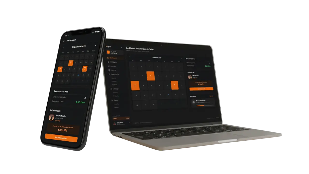 Dashboard de Kliper en computador y celular mostrando el calendario del mes y la próxima cita