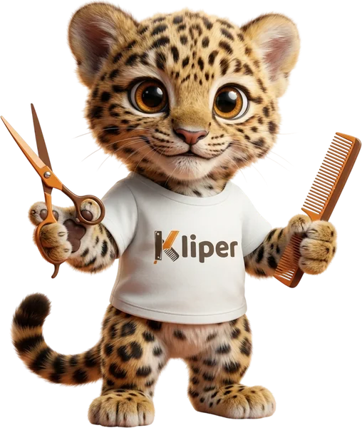 La mascota de Kliper con tijeras y peine
