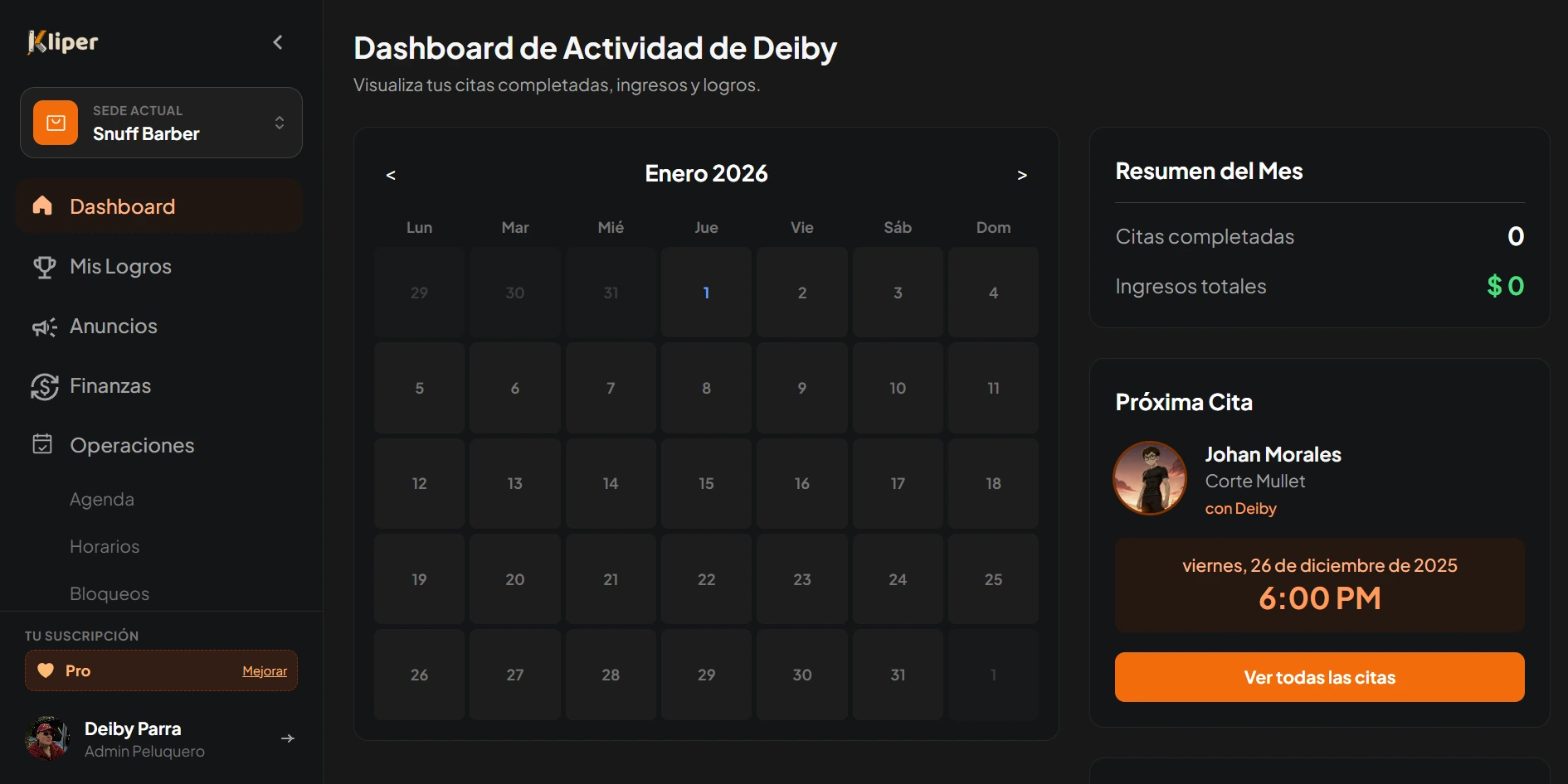 Dashboard del software de gestión Kliper